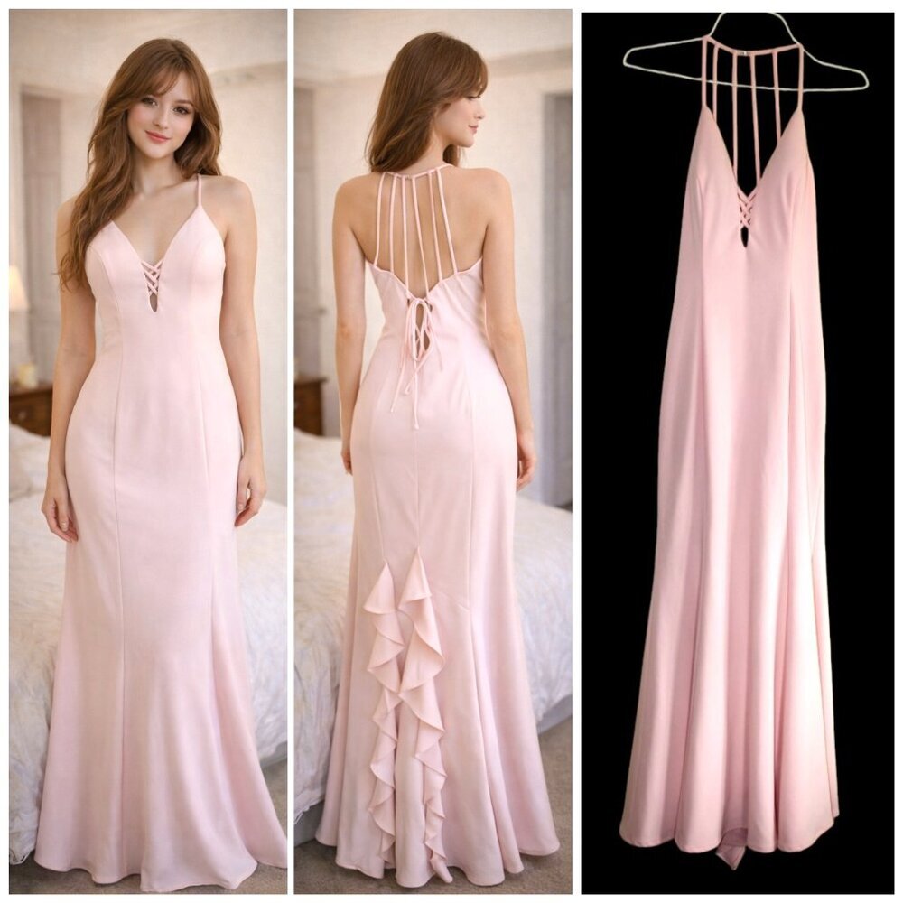 Betsy Adams Ruffled Maxi Dress baby Pink Size 12 Strappy Gown Bodycon Coquette